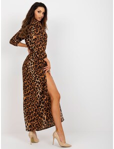 Fashionhunters Light brown and black leopard pattern midi dress with tie