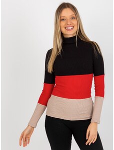 Fashionhunters Basic black-red ribbed cotton blouse with turtleneck