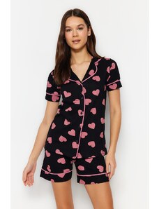 Trendyol Multi Color 100% Cotton Heart Patterned Piping Detailed Shirt-Shorts Knitted Pajamas Set