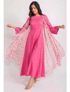 Aroop Silk Jumpsuit Chiffon Floral Cape Set - Pink