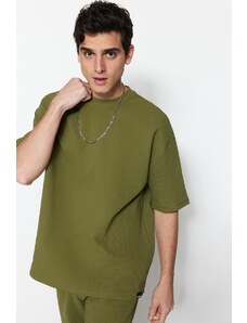 Trendyol Limited Edition Khaki Oversize 100% pamut címkével ellátott texturált alap vastag póló