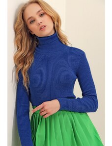 Trend Alaçatı Stili női szász kék garbó bordázott kötöttáru pulóver