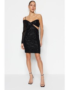 Trendyol Shiny Out Window/Cut Detail flitteres elegáns estélyi ruha fekete béléssel