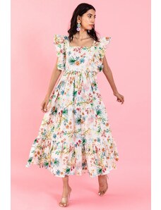 Aroop Floral Tiered Maxi Dress Ruffle Shoulders
