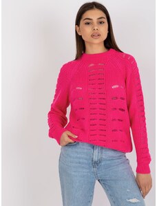 Fashionhunters Fluo pink openwork oversize sweater with round neckline
