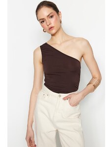 Trendyol Brown Pull-Detail Fitted/Slippery Knitted One-Shoulder Blouse