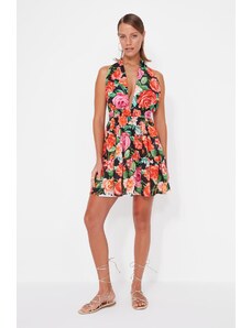 Trendyol Floral Patterned Mini Woven Beach Dress with Cleavage, 100% Cotton