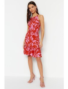 Trendyol Red derékszabású mini szőtt trópusi mintás szőtt ruha
