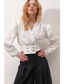 Trend Alaçatı Stili Women's White Double Breasted Collar Princess Cuff Button Detailed Crop Blouse