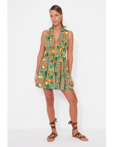 Trendyol Fruit Patterned Mini-Weave Beach Dress with Neckline, 100% Cotton