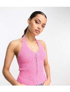 ASOS Petite ASOS DESIGN Petite knitted halter top with zip neck detail in textured yarn in pink