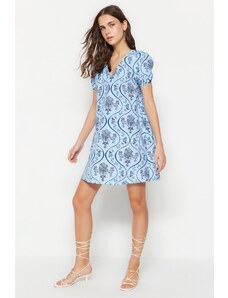 Trendyol Blue széles szabású szőtt virágmintás mini szőtt ruha