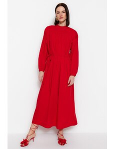 Trendyol Red Belted összegyűjtött részletes, széles szabású szőtt ruha