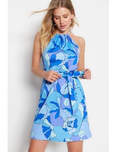 Trendyol kék öves A-line mini szőtt virágszőtt ruha