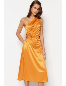 Trendyol narancssárga kötött estélyi ruha ablakkal / kivágott szaténnal részletesen