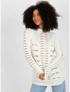 Fashionhunters Openwork oversize Ecru sweater with round neckline