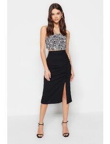 Trendyol Black Drape and Slit Detailed Crepe Midi Knitted Skirt