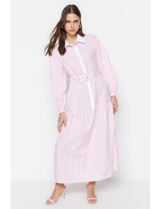 Trendyol rózsaszín csíkos öv részletesen kidolgozott fél pat szőtt ruha