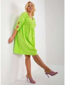 Fashionhunters Lime green dress of larger size with embroidered flowers