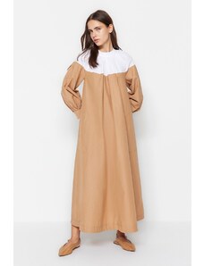 Trendyol Camel Color Block Gathering és Pocket Detail Wide Fit pamutszövött ruha