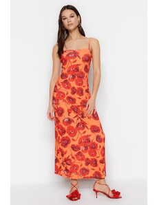 Trendyol narancssárga virágmintás szögletes gallér maxi sztreccs kötött ruha