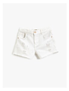 Koton Denim shorts with pockets, frayed details, cotton tassels around the edges, and an adjustable elasticated waist.