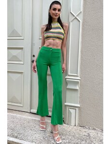 Trend Alaçatı Stili női zöld magas derékú első széles szárú lycra nadrág