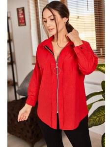 armonika Women's Red Front Zipper Loose Shirt