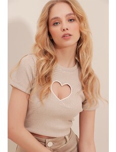 Trend Alaçatı Stili Women's Stone Crew Neck Heart Embroidery Half Sleeves Corduroy Camisole Crop Blouse