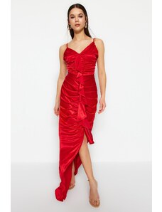 Trendyol Red kötött szatén flounce hosszú estélyi ruha