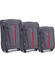 Szürke 3 darabos bőröndkészlet piros csíkkal Buzzard 1706(4), Sets of 3 suitcases Wings 4 wheels L,M,S, Dark Grey