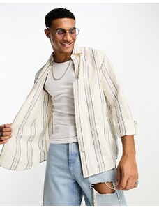 Pull&Bear linen long sleeve striped shirt in sand-Neutral