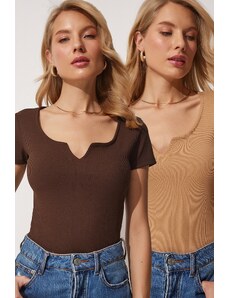 Happiness İstanbul Women's Brown Biscuit Sweetheart Neck Ribbed 2-Pack Crop Knitted Blouse