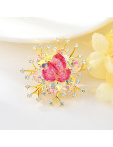 Arannyal bevont exkluzív virág bross színjátszó és pink Swarovski kristályokkal (0688.)