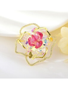 Exkluzív virág + pillangó bross pink és színjátszó Swarovski kristályokkal (0585.)
