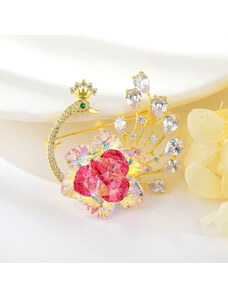Arannyal bevont exkluzív páva bross pink és színjátszó Swarovski kristályokkal (0591.)