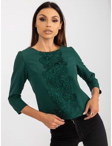 Fashionhunters Dark green short formal blouse with lace
