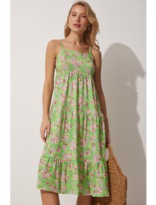Happiness İstanbul női zöld strappy virágos nyári kötött ruha