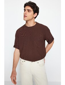 Trendyol Brown Premium Oversize Crew Neck Short Sleeve Textured Ottoman T-Shirt