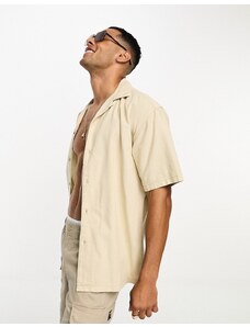 Pull&Bear linen revere collar shirt in sand-Neutral