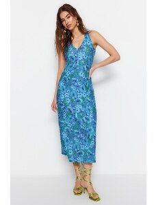 Trendyol Blue Back Detail Floral Print Ribbed Body Fit Midi Knitted Dress