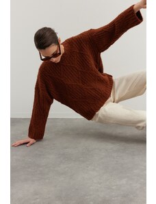 Trendyol Brown széles szabású puha texturált kötöttáru pulóver
