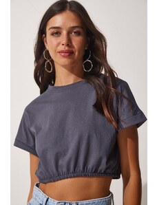 Happiness İstanbul Women's Anthracite Waist Elastic Crop T-Shirt