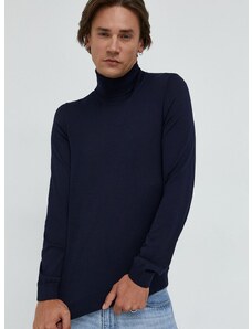 BOSS gyapjú pulóver könnyű, férfi, sötétkék, garbónyakú