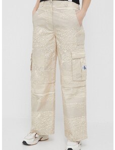 Calvin Klein Jeans pamut nadrág bézs, magas derekú széles