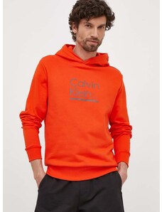 Calvin Klein pamut melegítőfelső narancssárga, férfi, nyomott mintás, kapucnis