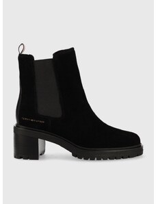 Tommy Hilfiger magasszárú cipő velúrból Outdoor Chelsea Mid Heel Boot fekete, női, magassarkú