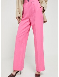 Love Moschino nadrág vászonkeverékből rózsaszín, magas derekú egyenes