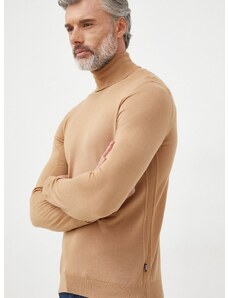 BOSS gyapjú pulóver könnyű, férfi, bézs, garbónyakú
