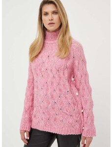 Custommade gyapjú pulóver Taina női, rózsaszín, garbónyakú
